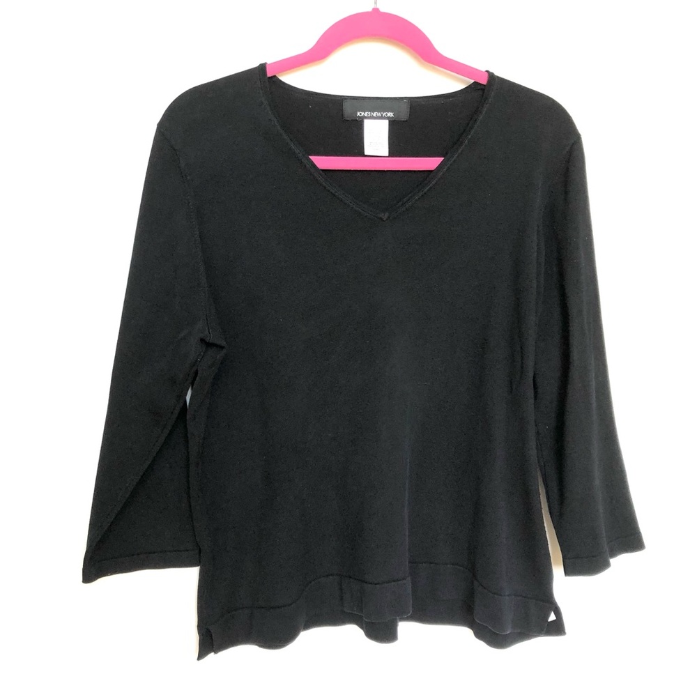 Jones New York 3/4 sleeve black v-neck top XL silk blend